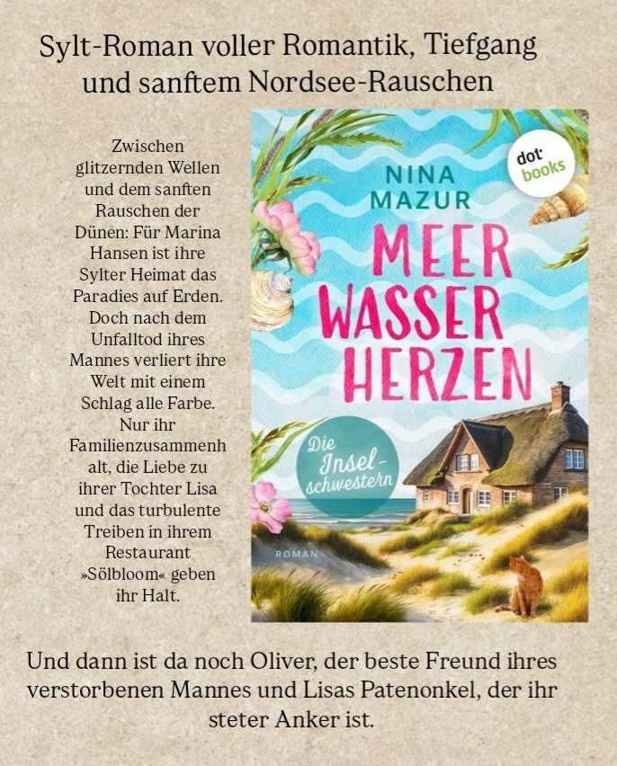 Ein Buchcover mit einer Strandszene und einem Haus, auf dem eine Katze auf dem Sand sitzt. Der Titel 'Meer Wasser Herzen' ist prominent angezeigt.