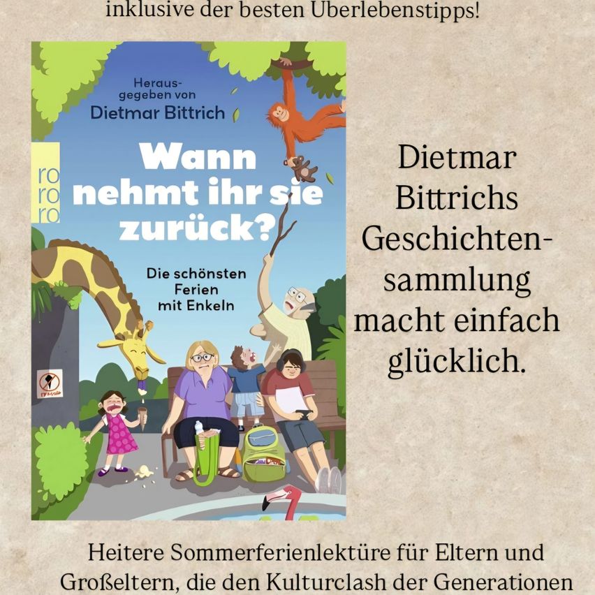 Buchcover mit einer Familie auf einer Bank, einer Giraffe und anderen Tieren, mit dem Titel 'Wann nehmt ihr sie zuruck?' und einem Zitat von Dietmar Bittrich.