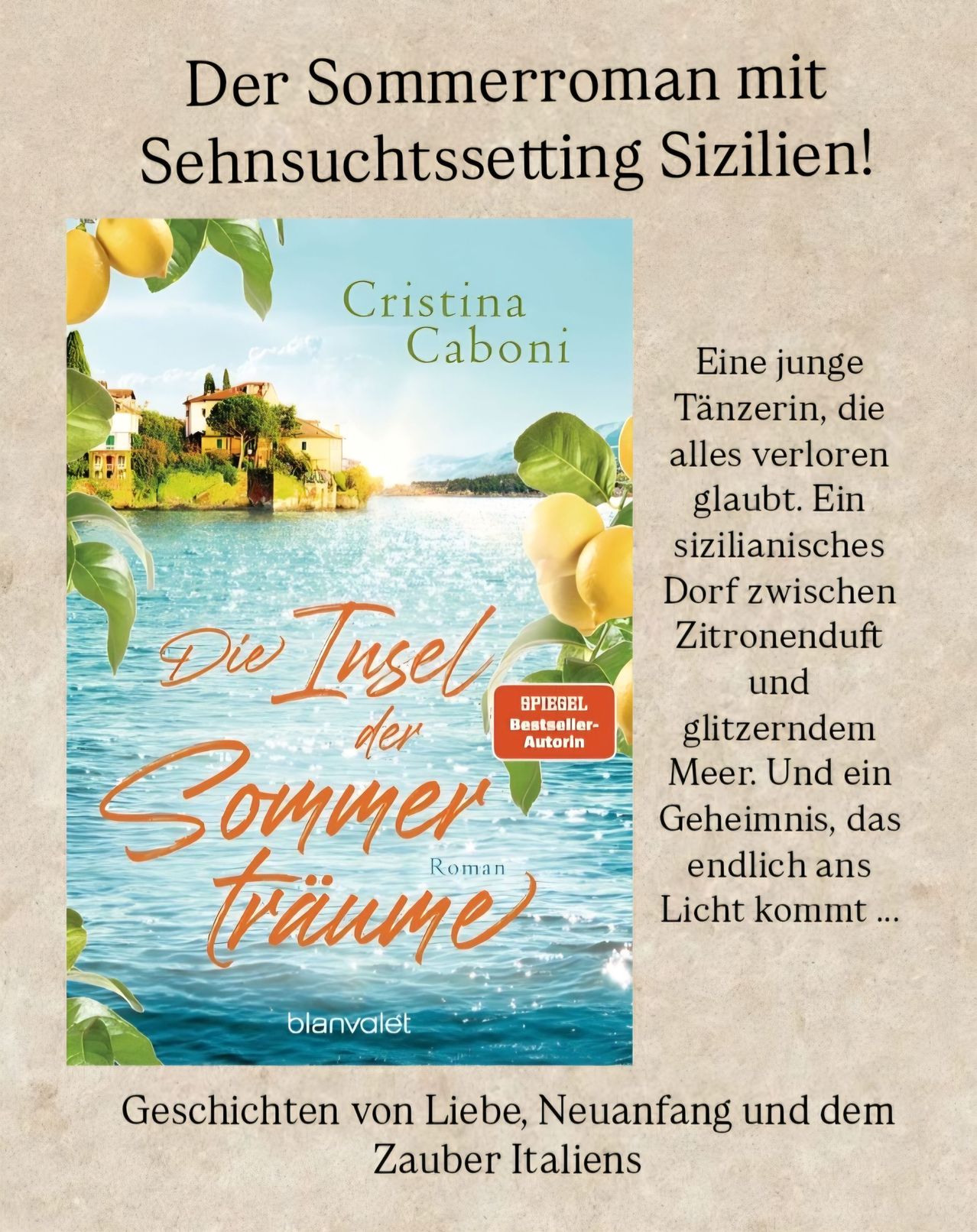 Buchcover für 'Die Insel der Sommerträume' von Cristina Caboni, zeigt eine ruhige sizilianische Landschaft mit Zitronen und einem ruhigen Meer.