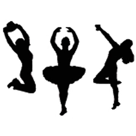 Drei Silhouetten von Frauen in verschiedenen Ballettposen auf weißem Hintergrund.