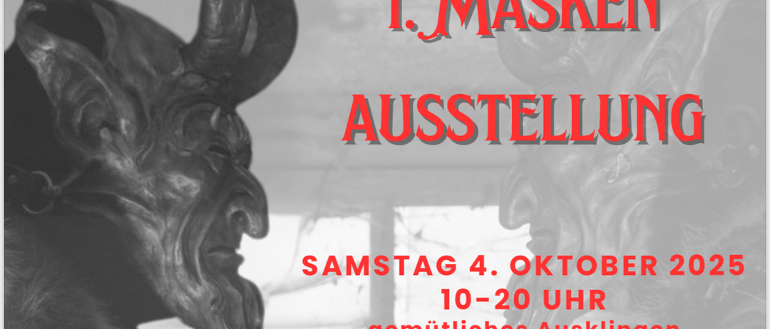 Plakat für eine Maskenausstellung im ESV Halle Haslach am 4. und 5. Oktober 2025. Die Veranstaltung ist auf Deutsch.