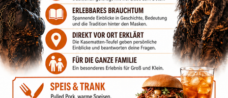 Plakat für eine Halloween-Veranstaltung mit handgefertigten Krampusmasken, traditionellen Bräuchen und familienfreundlichen Aktivitäten. Inklusive Essen und Getränke. Termine und Zeiten sind angegeben.