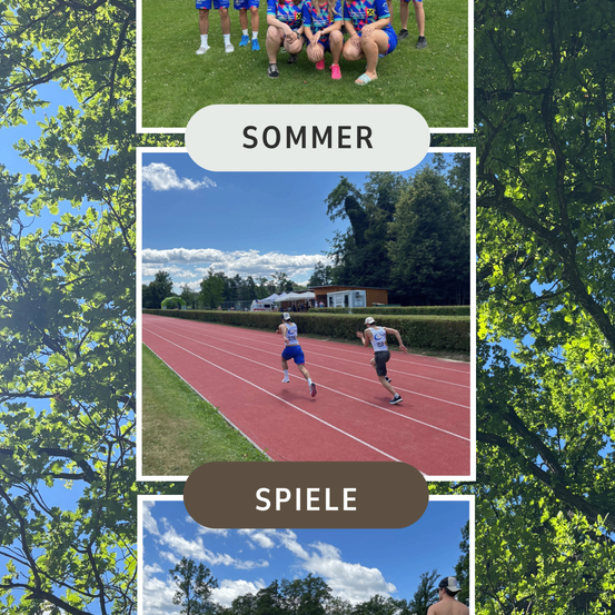 Eine Collage aus drei Bildern: eine Gruppe von Menschen, die auf Gras sitzen, zwei Läufer auf einer Laufbahn und ein nackter Mann, der draußen läuft.