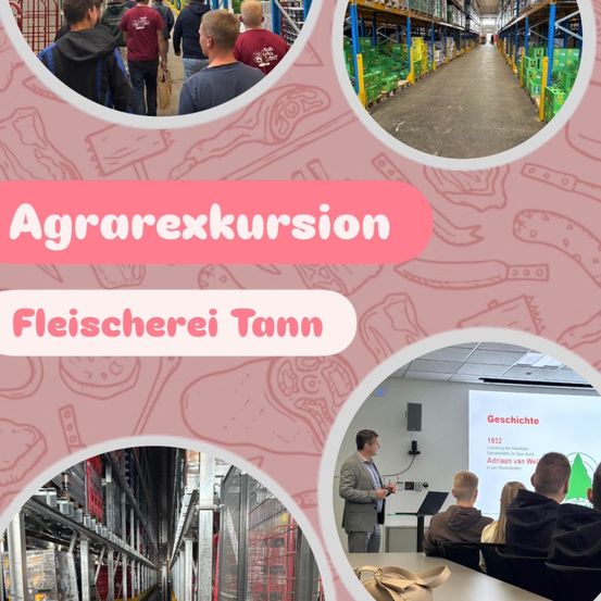 Ein Bild, das verschiedene Szenen einer landwirtschaftlichen Exkursion zeigt. Es zeigt Menschen beim Gehen, einen laufenden Vortrag und einen Gang in einem Lager. Das Bild ist mit rosa Formen umrahmt.