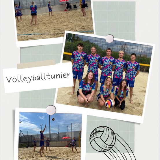 Eine Collage von Beach-Volleyball-Fotos mit Spielern in blauen Uniformen, eines mit dem Wort Volleyball darauf geschrieben.