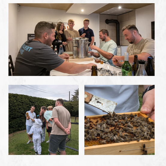 Eine Gruppe von Menschen versammelt sich um einen Tisch in einem Raum mit Flaschen und einem silbernen Eimer. In einer anderen Szene untersucht ein Imker einen Bienenstock.