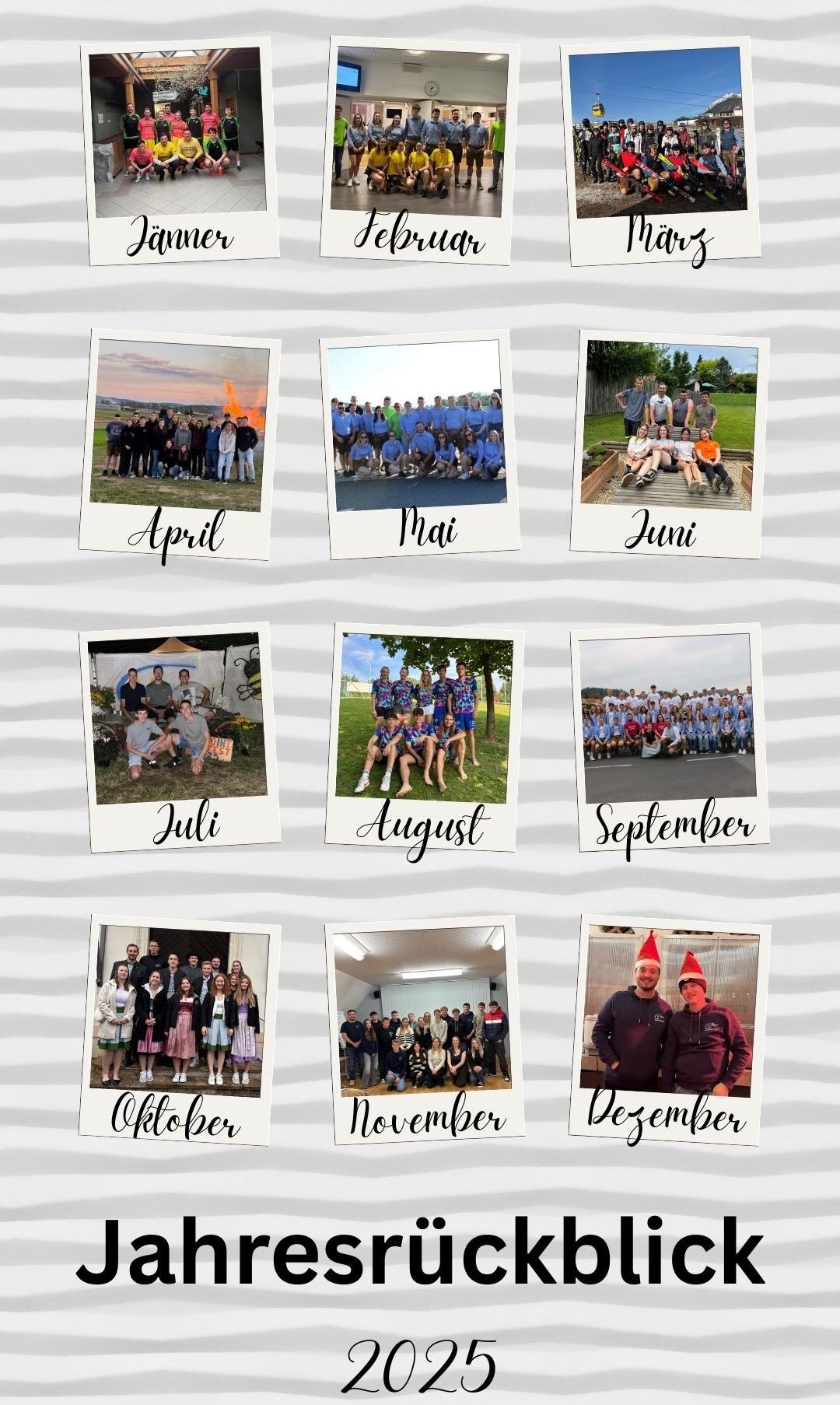 Eine Collage von Gruppenfotos von April bis Dezember, jeweils mit dem Monat beschriftet. Die Fotos zeigen verschiedene Aktivitäten und Zusammenkünfte, die unterschiedliche Momente mit verschiedenen Gruppengrößen und Umgebungen einfangen.