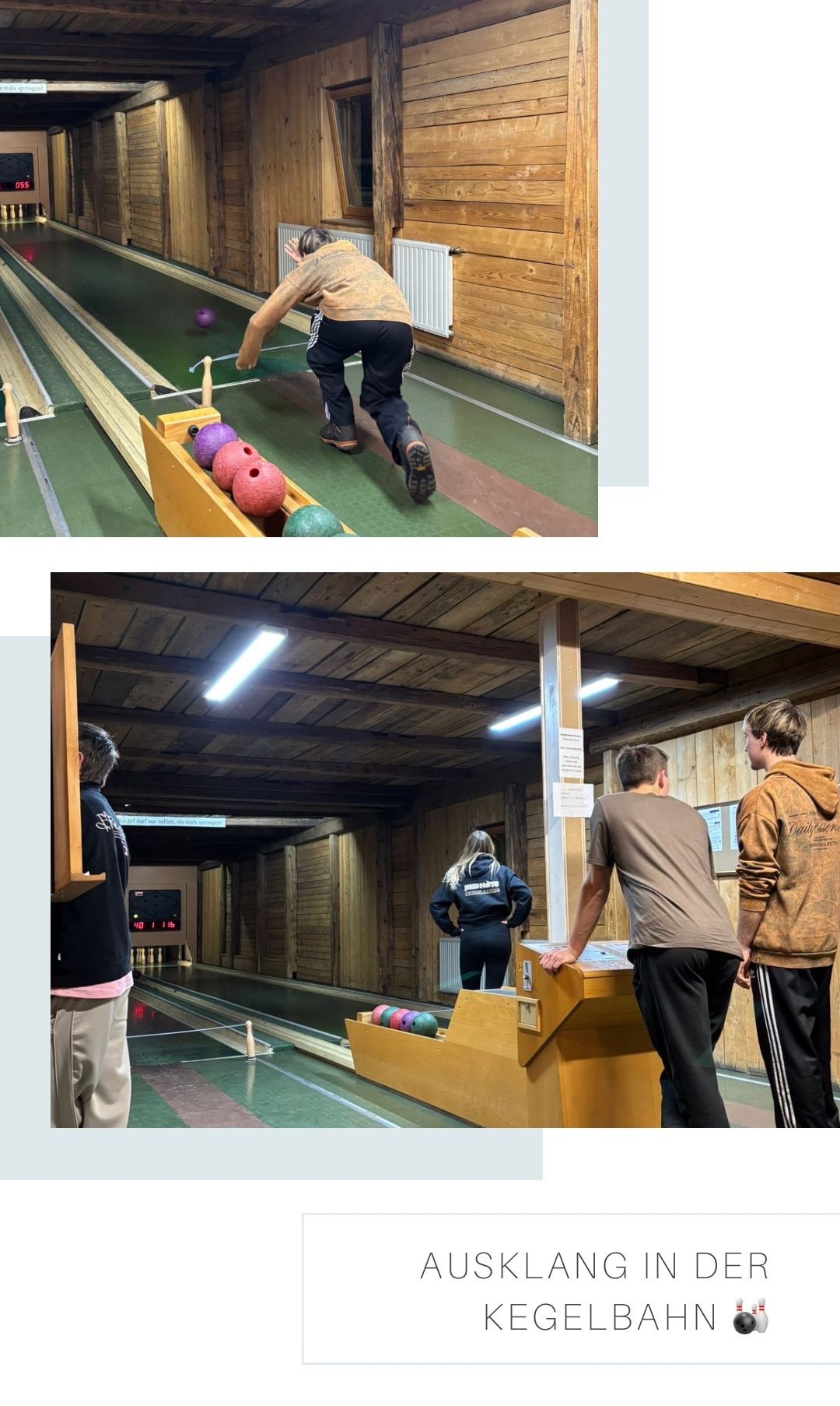 Ein Mann wirft einen Bowlingball eine Bahn hinunter in einer Bowlinghalle. In einer anderen Aufnahme stehen drei Männer in einer Bowlinghalle und beobachten eine Frau in einer blauen Kleidung.