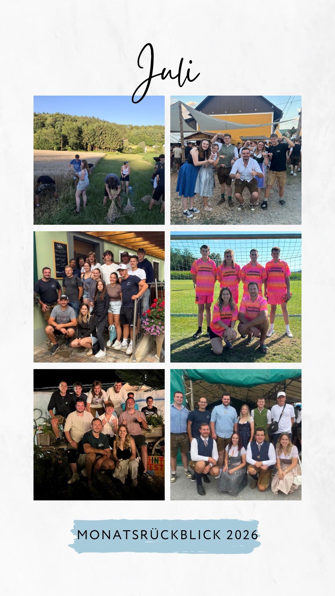 Eine Collage aus sechs Bildern, die eine Gruppe von Menschen bei verschiedenen Aktivitäten zeigt. Das erste Bild zeigt Menschen bei der Ernte von Feldfrüchten. Das zweite Bild zeigt eine Gruppe von Menschen in traditioneller Kleidung. Das dritte Bild zeigt eine Gruppe von Menschen in einem Restaurant. Das vierte Bild zeigt eine Gruppe von Menschen in Sportuniformen. Das fünfte Bild zeigt eine Gruppe von Menschen in einer Bar. Das sechste Bild zeigt eine Gruppe von Menschen in einem Zelt.