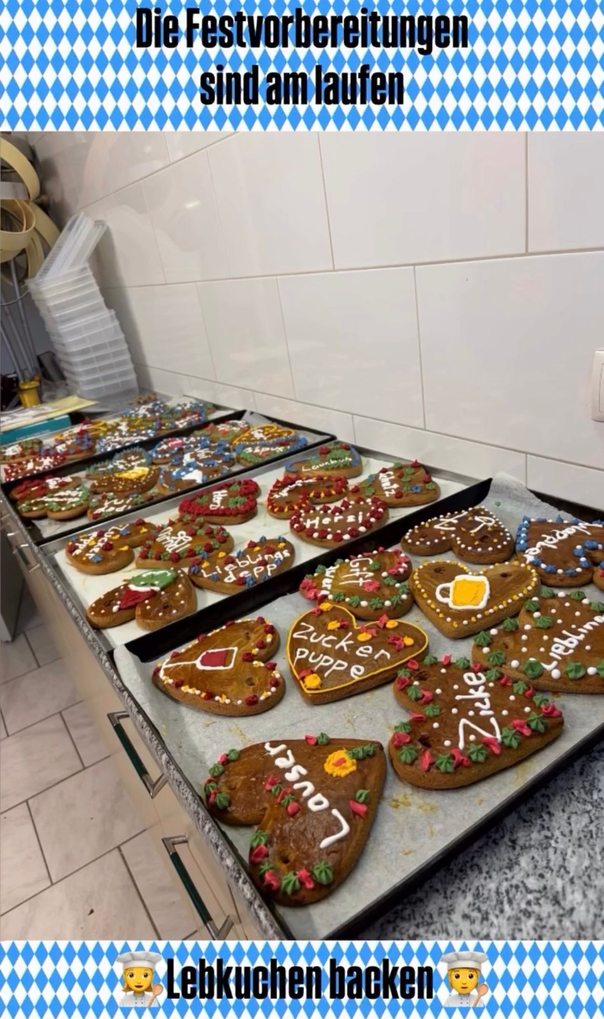 Mehrere Tabletts mit dekorierten Lebkuchen sind auf einer Küchentheke angeordnet, mit verschiedenen Designs und Zuckerguss-Botschaften.