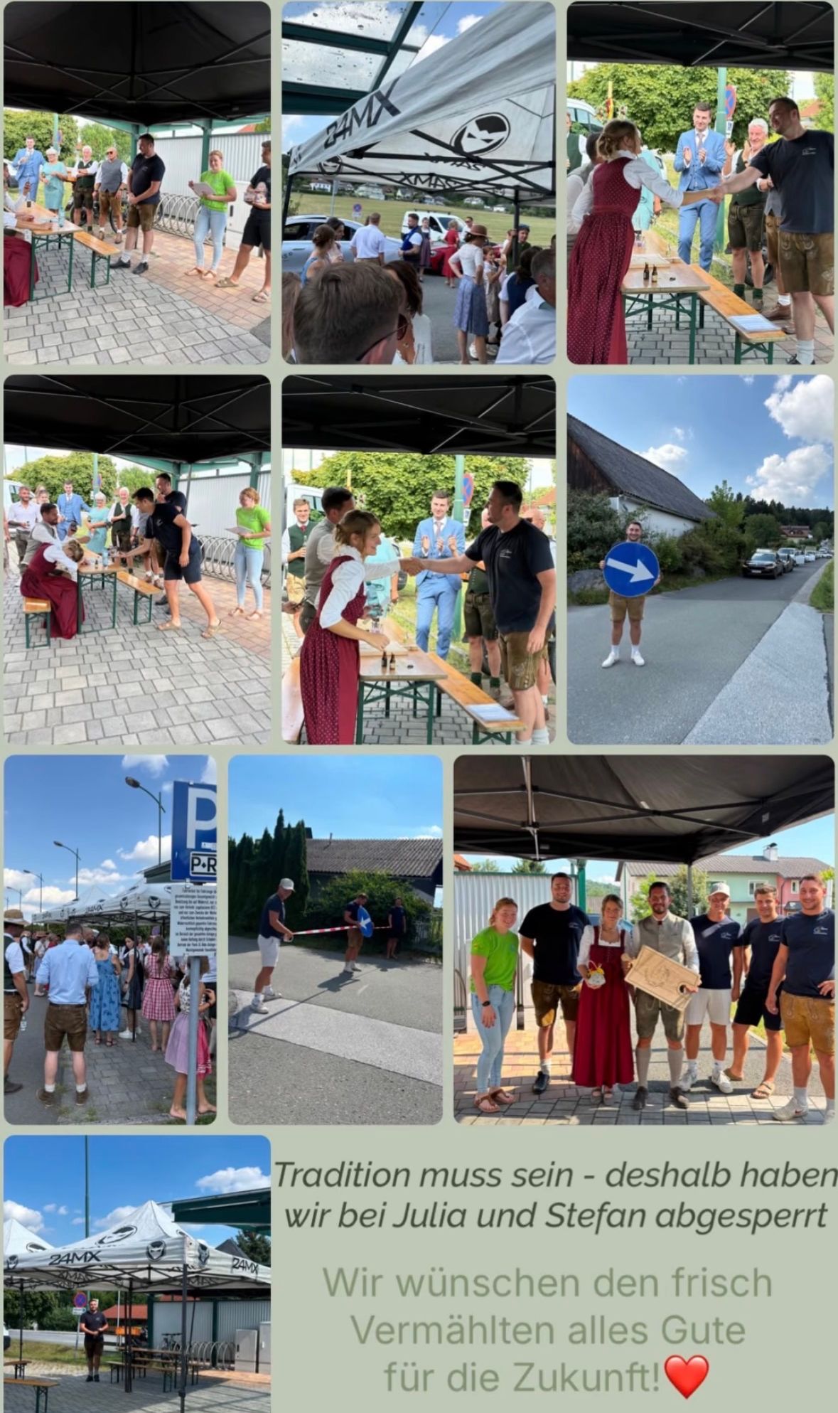 Eine Collage von Bildern, die verschiedene Szenen eines Festivals zeigen, einschließlich Menschen in traditioneller Kleidung, einer Gruppe von Männern, die Auszeichnungen erhalten, und einer Person, die ein blaues Schild mit einem weißen Pfeil hält.