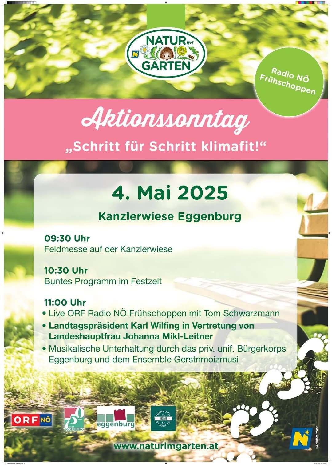 Plakat für Aktionstag, eine Klimaaktionsveranstaltung am 4. Mai 2025. Es enthält einen Zeitplan mit einer Feldmessung um 09:30 Uhr, einem bunten Programm um 10:30 Uhr und einer Live-Radioübertragung um 11:00 Uhr.