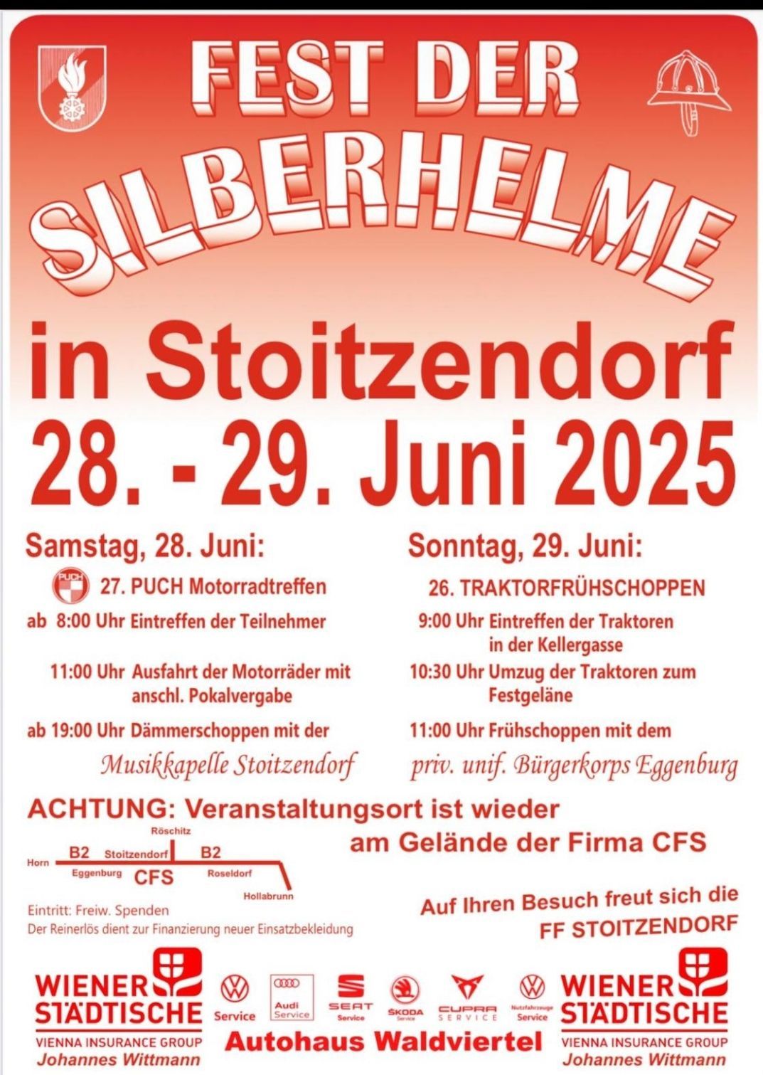 Plakat für Silberhelme-Veranstaltung in Stoitzendorf am 28. - 29. Juni 2025. Samstag 28. Juni: 27. PUCH-Motorradtreffen ab 8:00 Uhr, Abfahrt der Motorräder um 11:00 Uhr, Abendveranstaltung ab 19:00 Uhr. Sonntag 29. Juni: 26. Traktorfrühschoppen ab 9:00 Uhr, Umzug der Traktoren zum Festgelände um 10:30 Uhr, Frühschoppen mit dem Bürgerkorps Eggenburg ab 11:00 Uhr.
