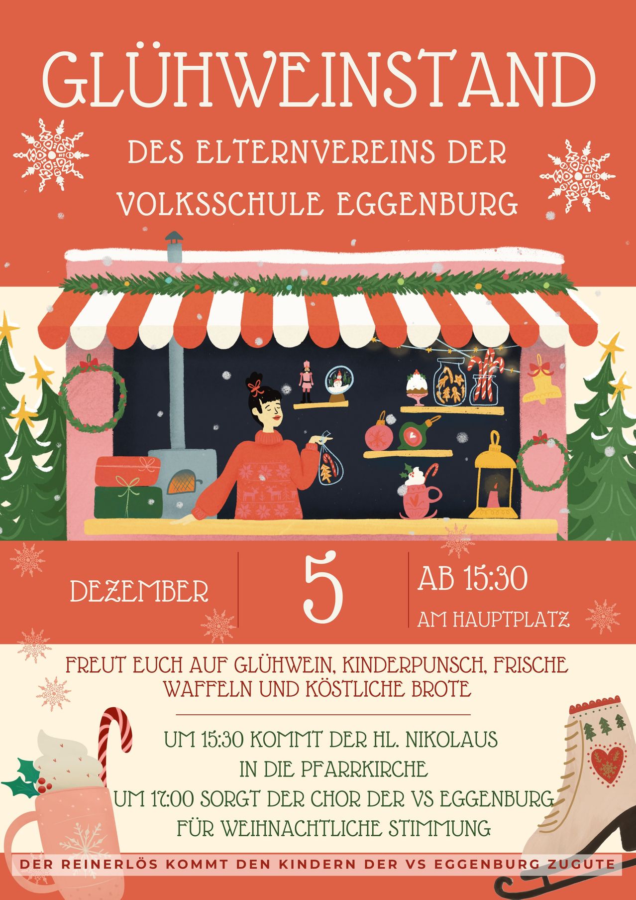 Weihnachtsmarkt des Elternvereins der Volksschule Eggenburg. Genießen Sie Glühwein, Kinderpunsch, frische Waffeln und köstliches Brot. Am 5. Dezember ab 15:30 am Hauptplatz. Um 15:30 kommt der Hl. Nikolaus in den Kindergarten.