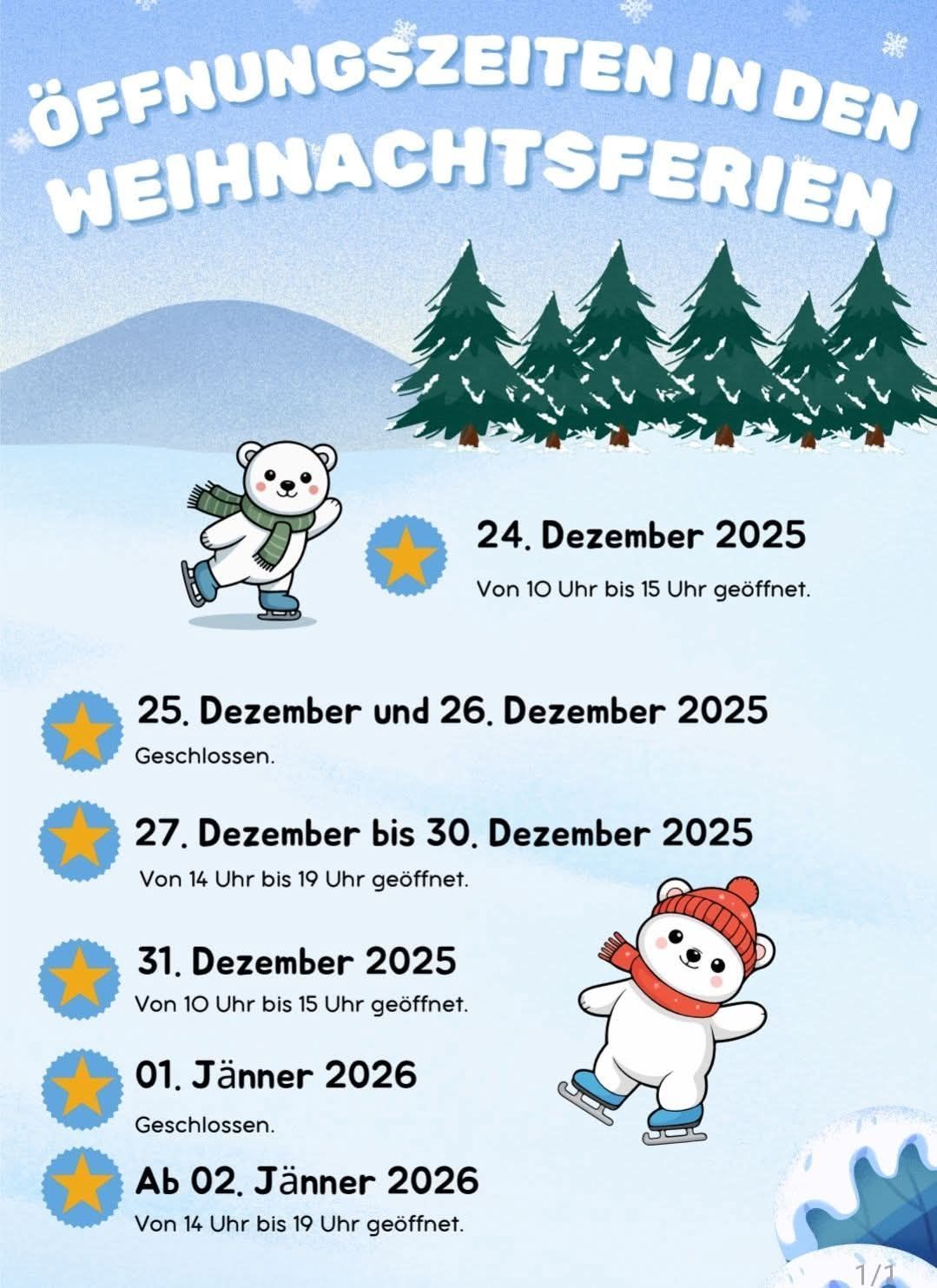 Ein illustriertes Plakat zeigt Daten und Zeiten für eine Weihnachtsveranstaltung im Jahr 2025. Es zeigt zwei Eisbären, einen mit Schal und den anderen mit Mütze. Die Daten umfassen den 24., 27.-30. Dezember 2025 und den 1. Januar 2026.