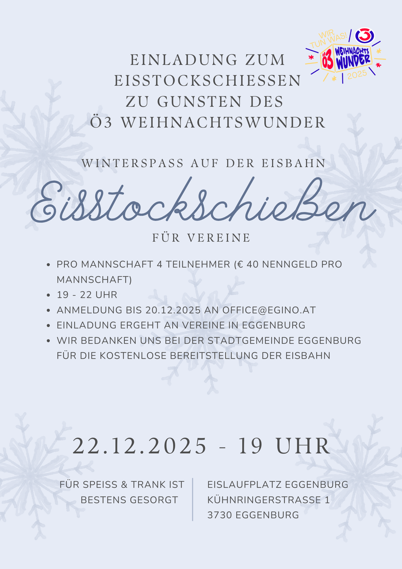 Ein Bild bewirbt das dritte Weihnachtswunder, ein Winterpass auf der Eisenbahn. Es bietet einen Sonderpreis für Gruppen von vier Personen. Die Anmeldung ist bis zum 20. Dezember 2025 offen. Die Veranstaltung findet am 22. Dezember 2025 ab 19 Uhr statt.