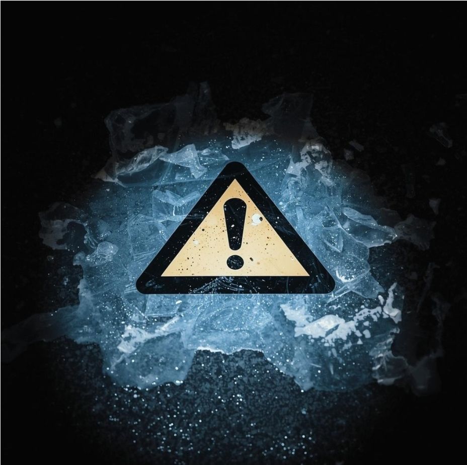 Ein gelbes Warnzeichen mit schwarzem Ausrufezeichen steht auf eisigen Oberflächen.