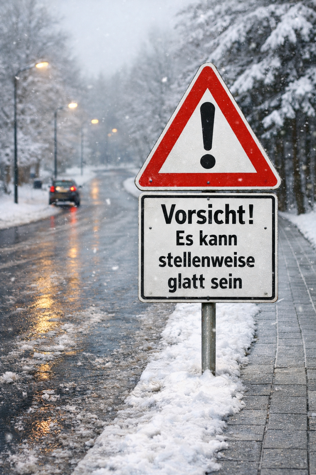 Ein Verkehrsschild warnt vor Eisstellen. Ein Auto fährt auf einer verschneiten Straße. Schnee bedeckt den Boden und die Bäume.
