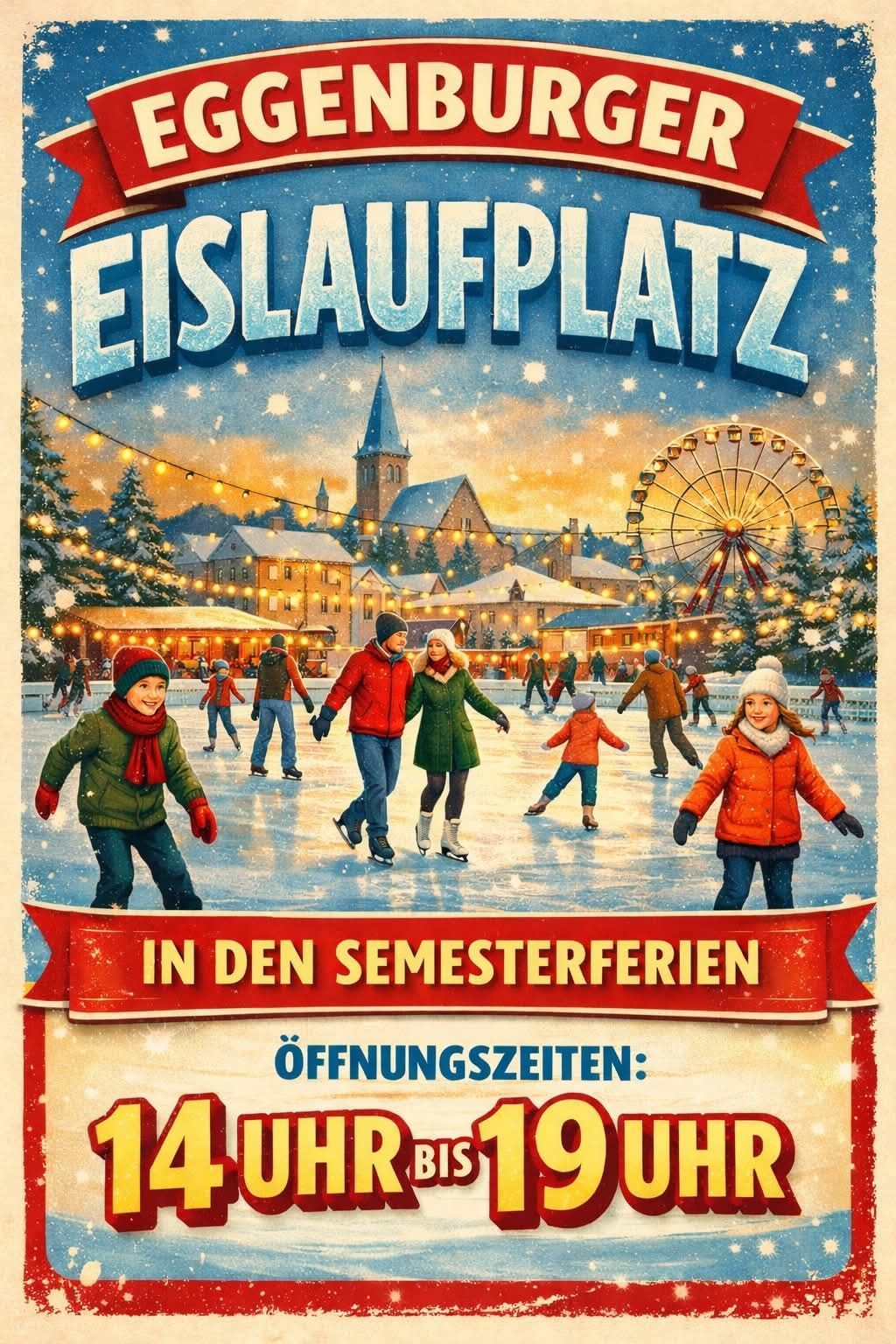 Eine Eislaufbahn mit Menschen in Winterkleidung, einem Riesenrad und einem festlichen Dorfhintergrund. Der Text lautet 'Eislaufplatz' und 'In den Semesterferien'. Öffnungszeiten sind 14:00.