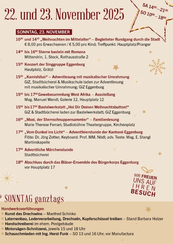 Plakat mit verschiedenen Veranstaltungen am 22. und 23. November 2020. Beinhaltet geführte Weihnachtstouren, Sternenbasteln, Konzerte, Ausstellungen und Erzählstunden. Gebühren für jede Veranstaltung sind aufgeführt.