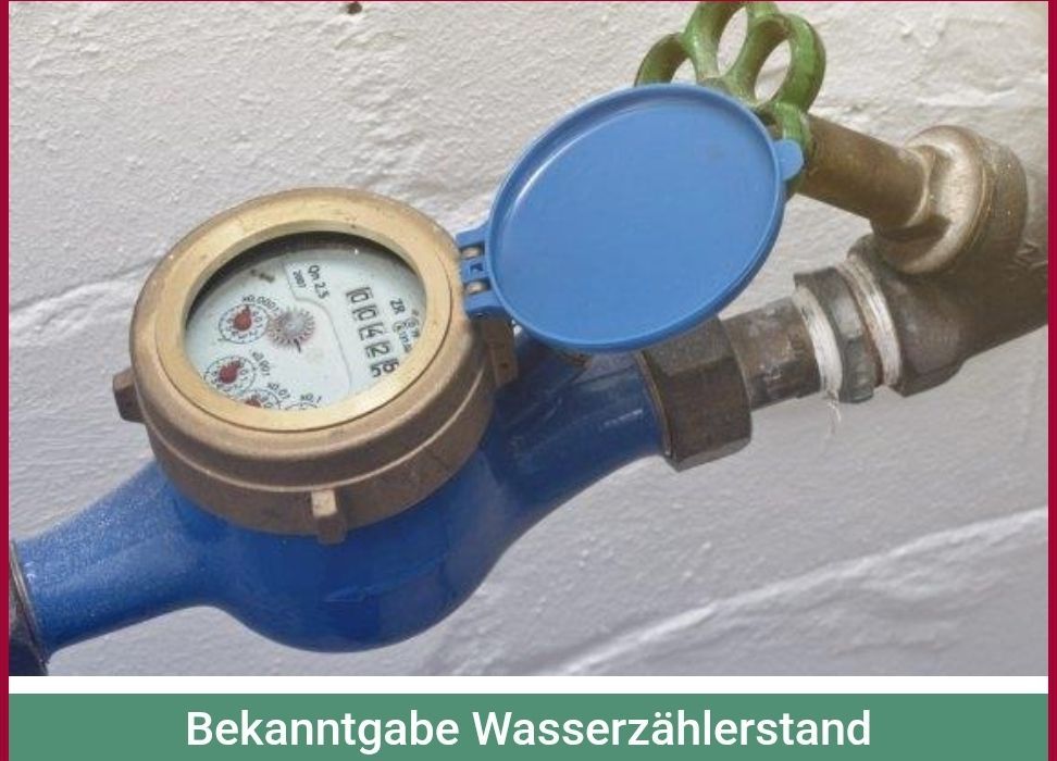 Ein blauer Wasserzähler mit Messinggehäuse und blauem Deckel, an einer weißen Wand montiert. Der Zähler zeigt 'Bekantgabe Wasserzählerstand' an.