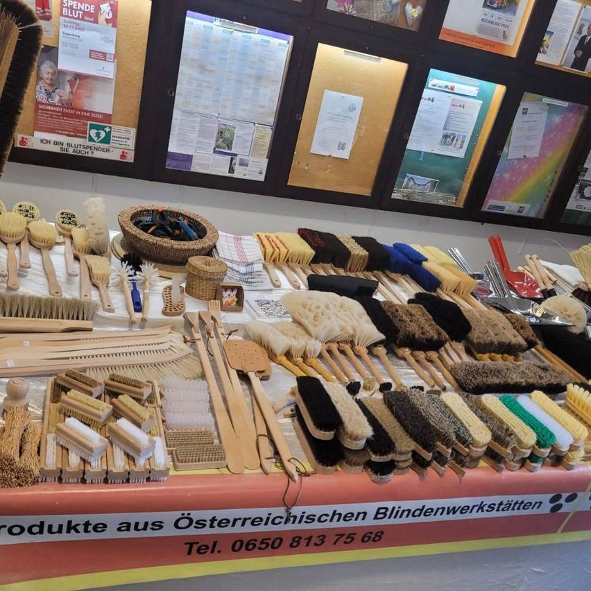 Ein Tisch zeigt eine Vielzahl von Bürsten, Besen und Reinigungswerkzeugen, mit einem Banner, das 'Produkte aus Österreichischen Blindenwerkstatten' und eine Telefonnummer anzeigt.