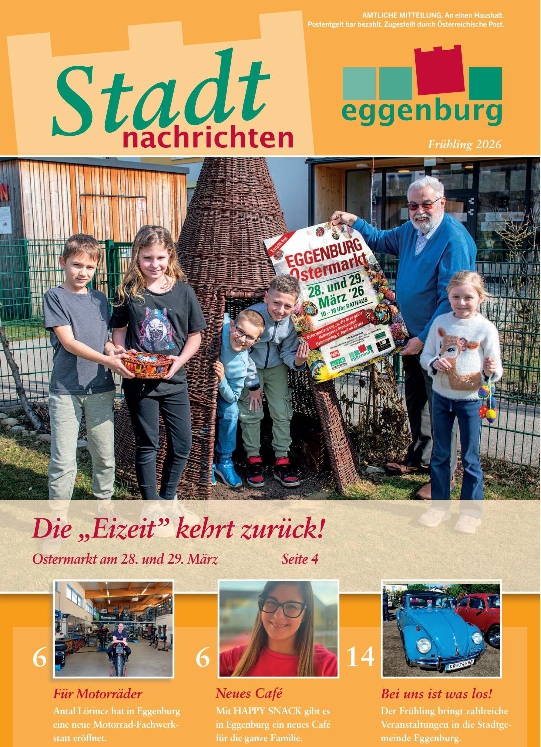 Ein Plakat für einen Eiermarkt in Eggenburg, Österreich, mit einer Familie mit einem Korb und einem Mann, der das Plakat hält. Gedatiert für Frühling 2026.