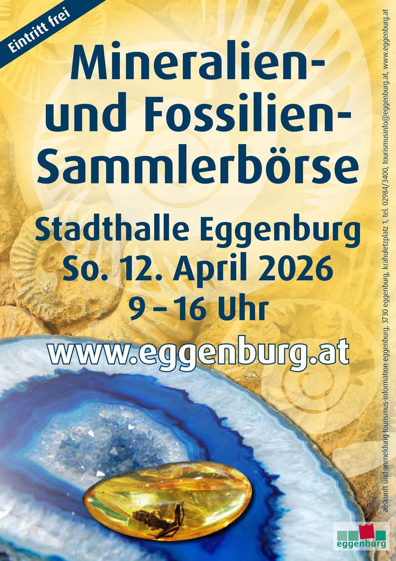 Plakat für Fossilien- und Mineraliensammelveranstaltung in Eggenburg am 12. April 2026 von 9-16 Uhr. Besuchen Sie www.eggenburg.at.