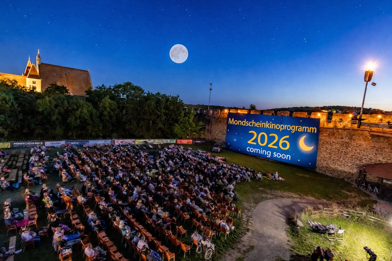 Eine große Menschenmenge genießt einen Film im Freien unter dem Vollmond, mit einem Werbebanner für das Mondscheinkinoprogramm 2026.