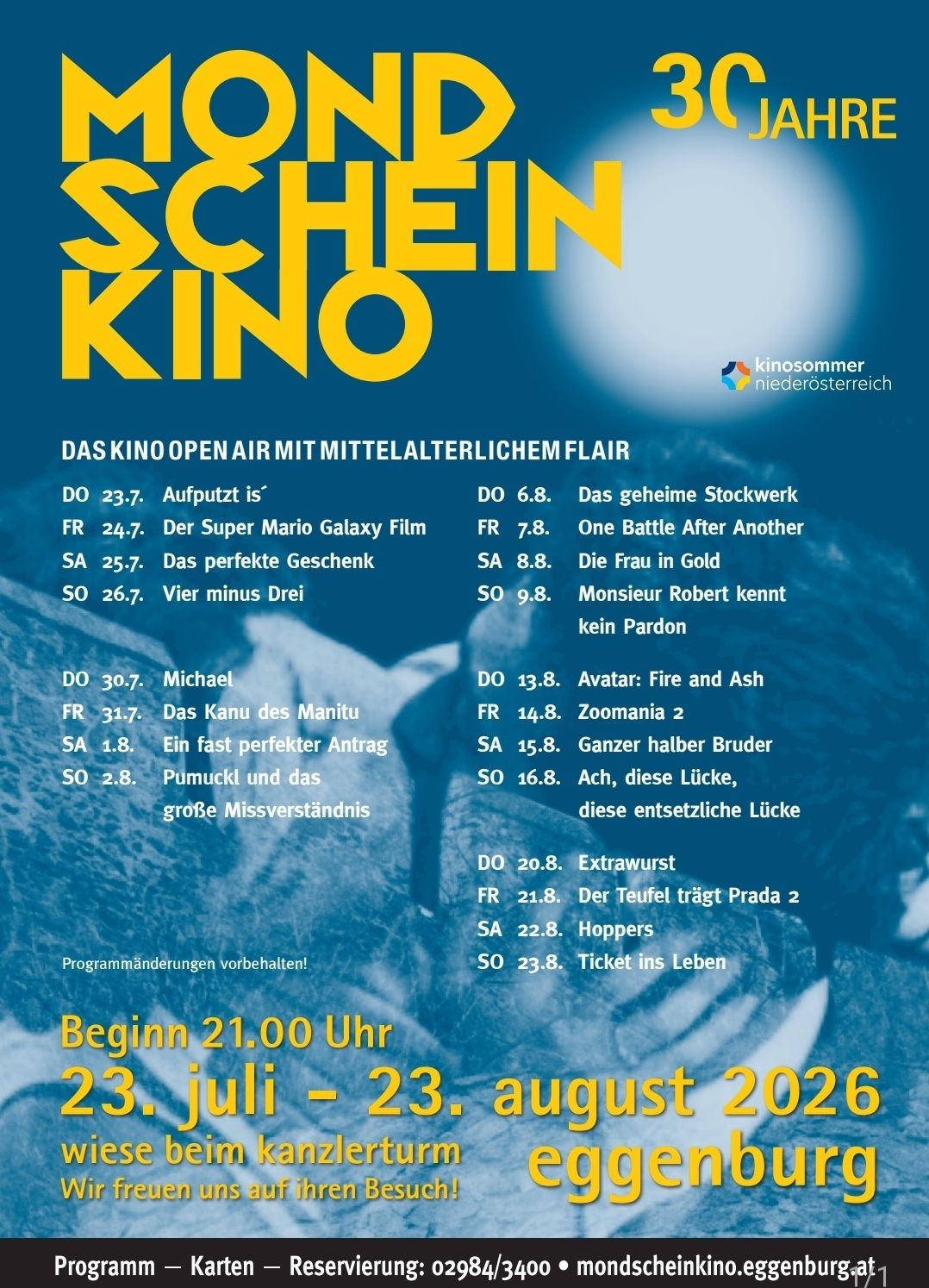 Schein Kino, open-air cinema with medieval flair. Dates and times for various movies. Start time is 21:00. July 23 to August 23, 2026.