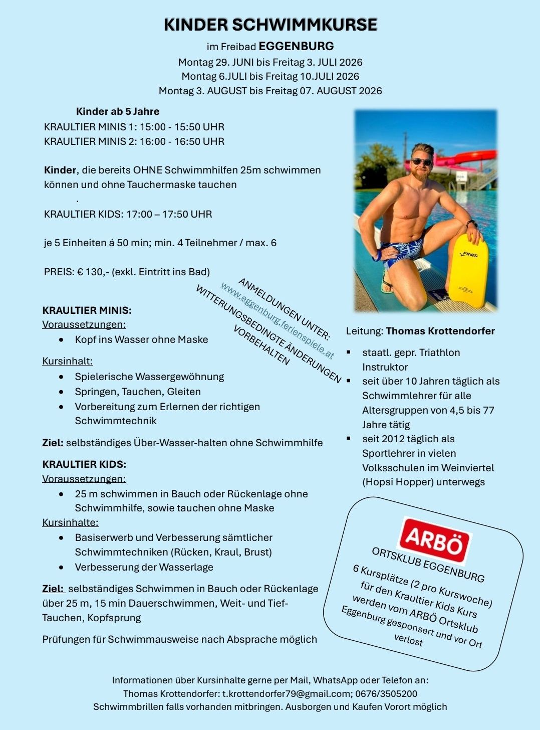 A flyer for swimming lessons at Krautiger Kids. It features a man in swim trunks holding a yellow floater. The flyer lists times for different age groups and the cost.