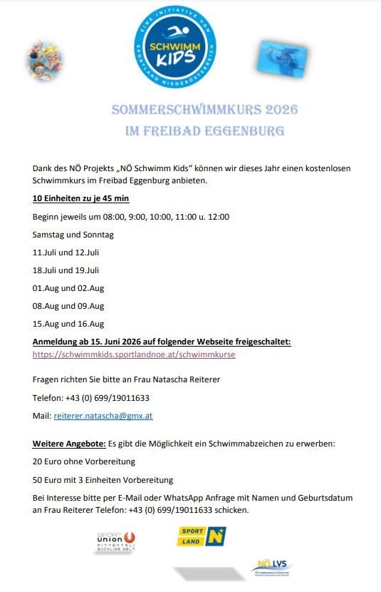 The NO Project 'NO Schwimm Kids' is offering a free swimming course in Freibad Eggenburg. It includes 10 sessions of 45 minutes each, starting at different times on specific dates in July and August. Registration opens on June 15, 2026.