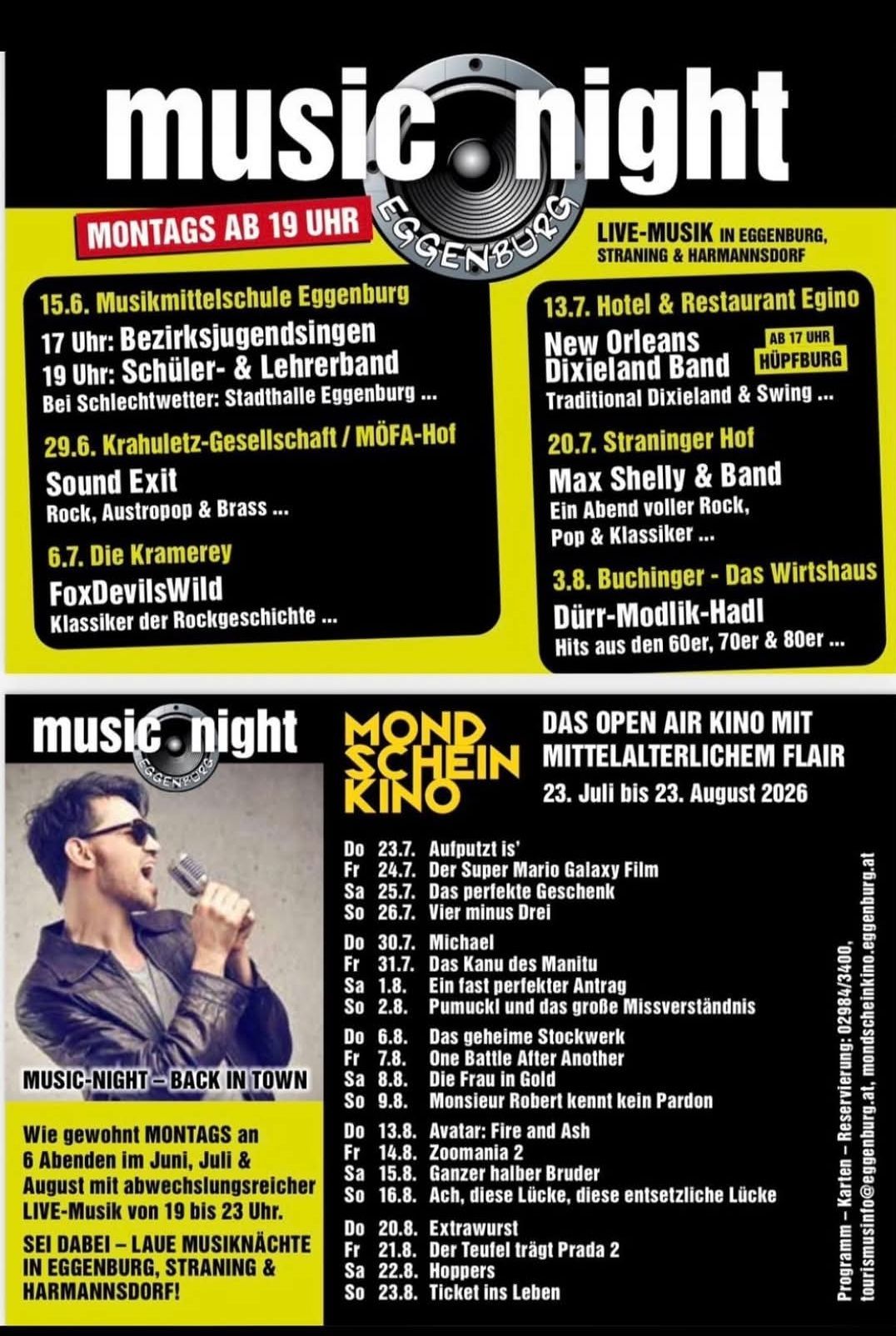 Veranstaltungsplakat für Musik- und Live-Events in Eggenburg. Beinhaltet Zeitplan, Orte und Musikgenres. Ein Musiker ist mit Mikrofon abgebildet.