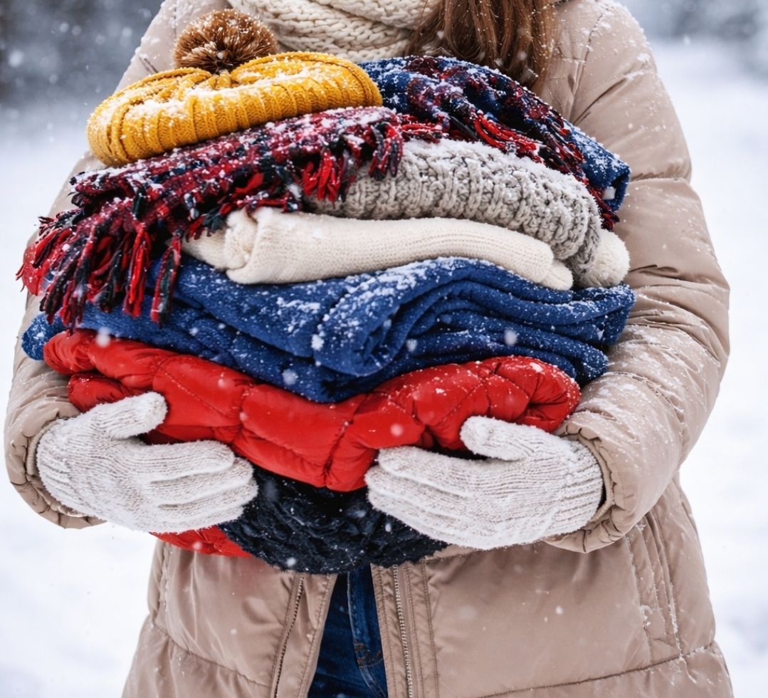 A woman wearing gloves holds a bundle of winter clothes, including a yellow hat and scarves, amidst a snowy background.
