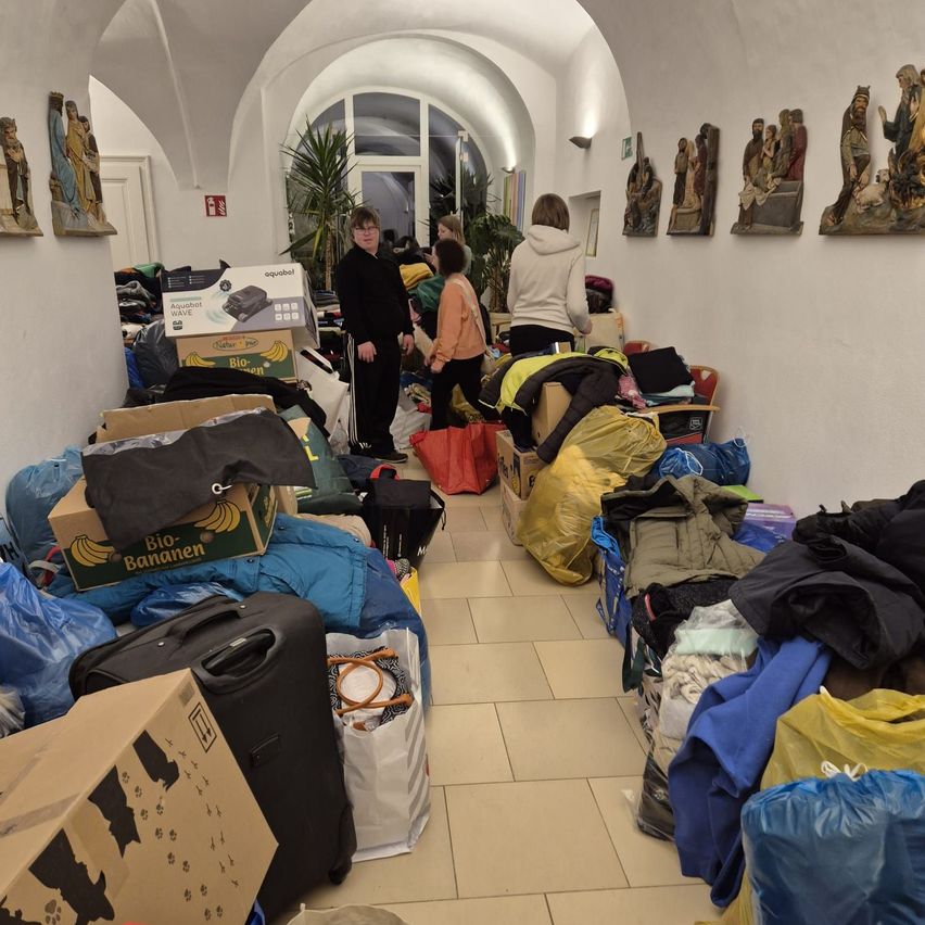 Several people are sorting through a room filled with bags and boxes. A large plant is in the corner, and there are statues on the wall.