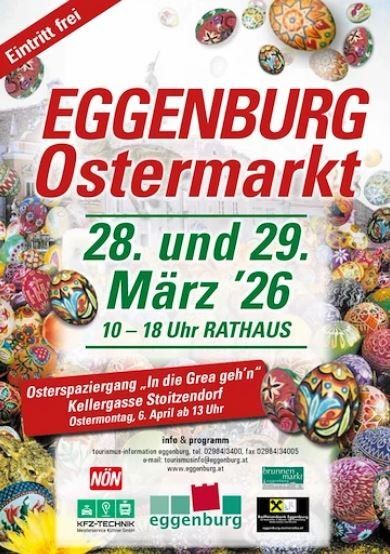 Plakat für den Ostermarkt in Eggernburg, Österreich, der am 28. und 29. März 2026 stattfindet. Der Eintritt ist frei und die Veranstaltung findet von 10 Uhr bis 18 Uhr im Rathaus statt.