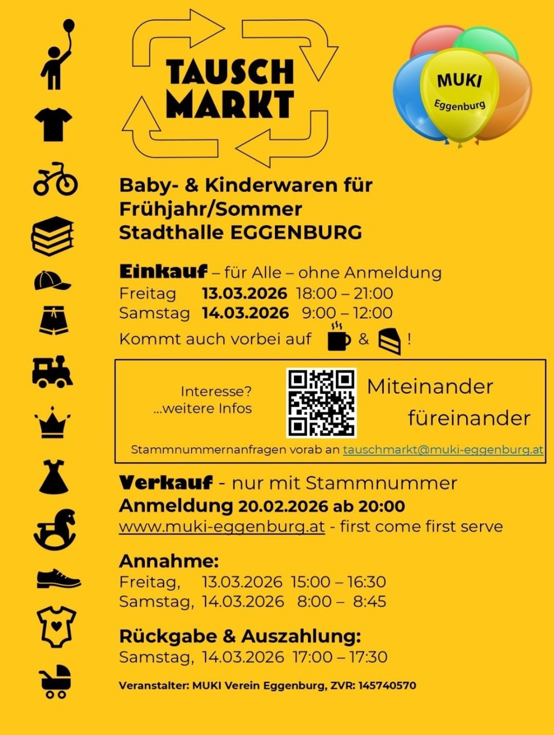 Veranstaltung für Frühling/Sommer Baby- und Kinderwaren in Eggenburg. Freitag, 13.03.2026, 18:00-21:00 und Samstag, 14.03.2026, 9:00-12:00. Anmeldung nicht erforderlich. Besuchen Sie www.muki-eggenburg.at für weitere Informationen.