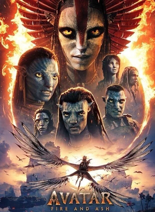 Filmplakat von Avatar mit einer zentralen Figur mit Flügeln und Flammen, umgeben von verschiedenen Charakteren in dramatischer Pose.