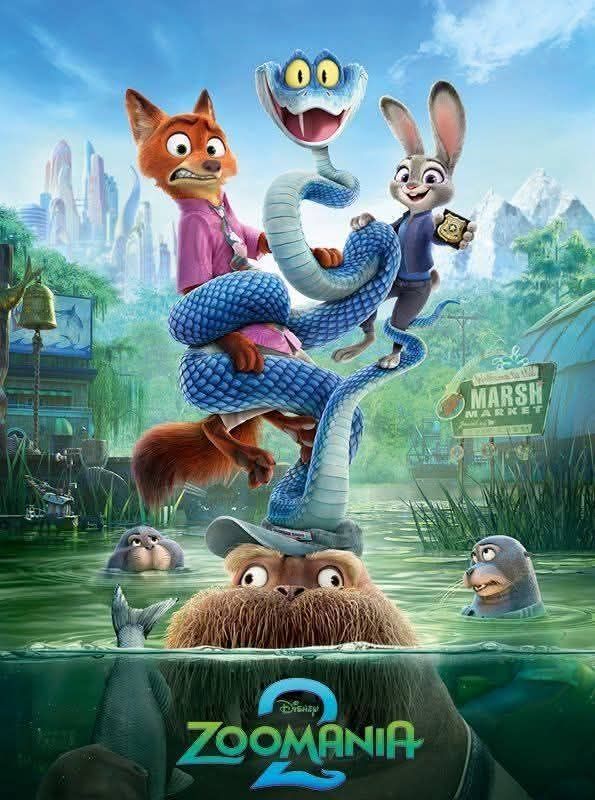 Poster für Zoomania 2 mit einem Fuchs, einem Hasen und einer Schlange in einer wasserreichen Umgebung mit einem Markt im Hintergrund.