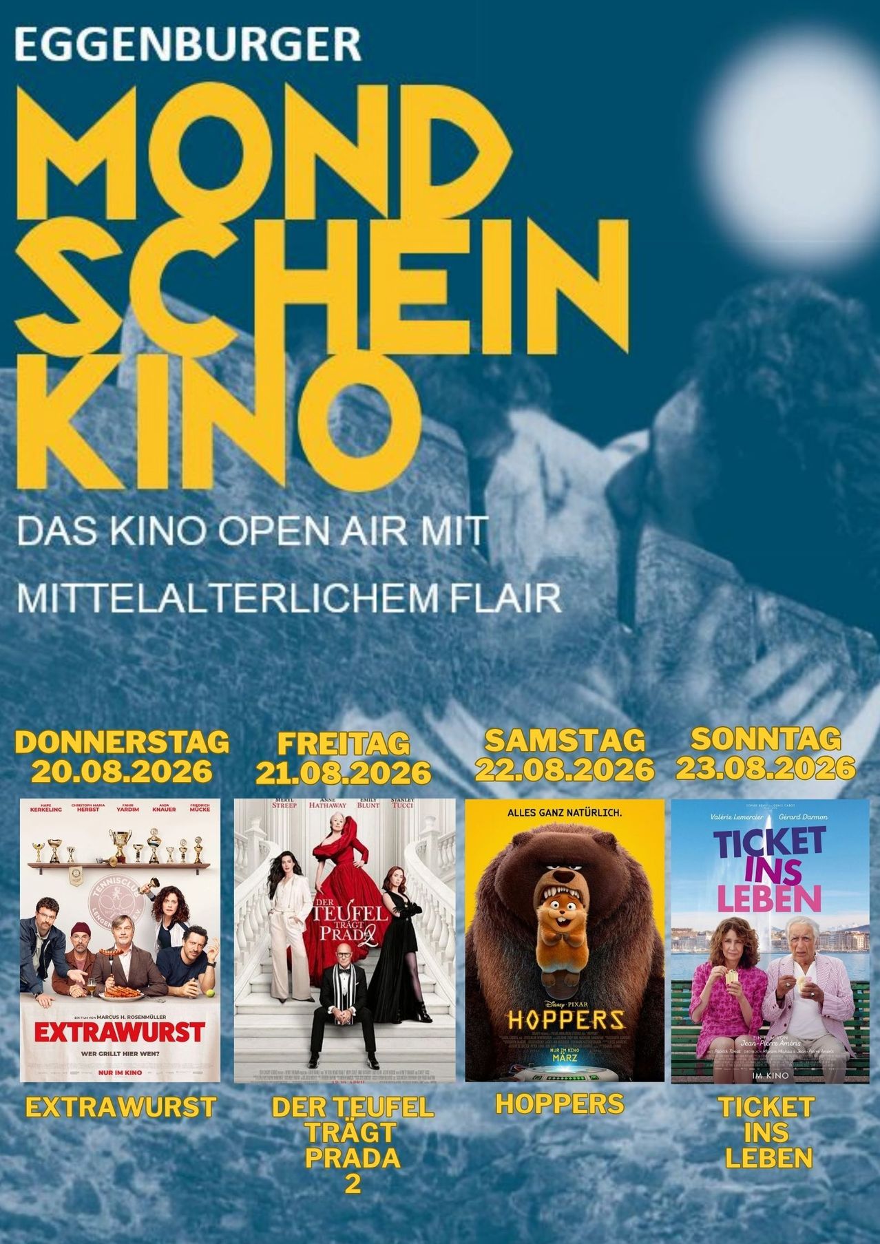Plakat für Monschein Kino, eine Open-Air-Kinoveranstaltung mit verschiedenen Filmen an bestimmten Terminen. Das Plakat enthält Filmplakate und Termine.