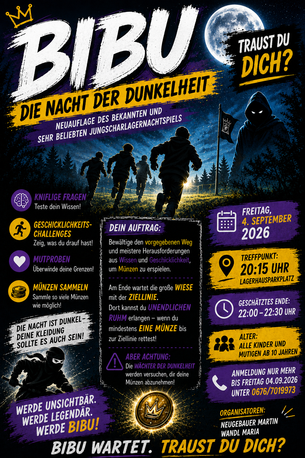 Poster for a night scavenger hunt event. It features silhouettes of people running and a mysterious figure in the background. The event includes challenges, riddles, and coin collection. The date and time are displayed prominently.