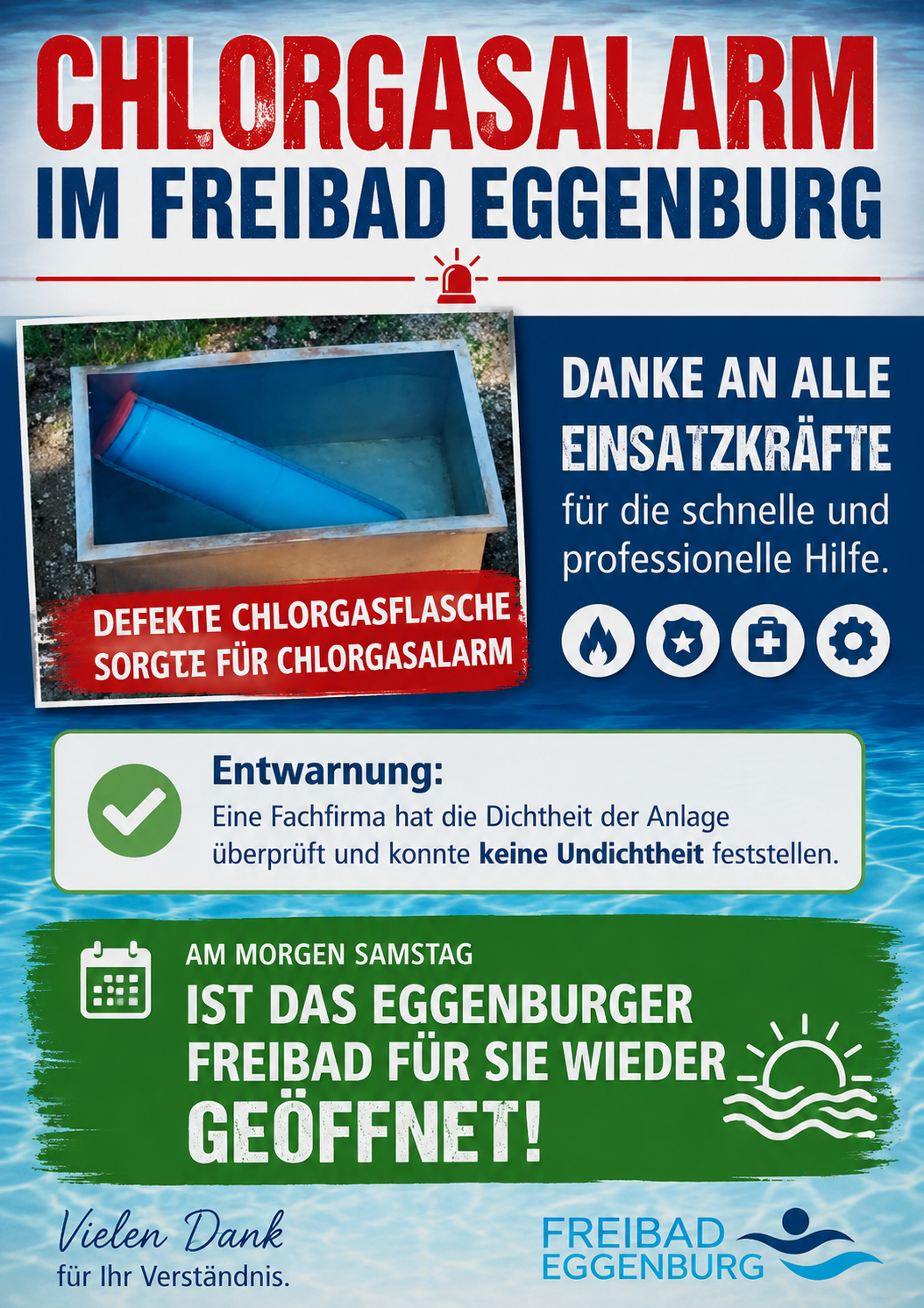 Ein Poster zeigt eine beschädigte Chlorgasflasche, mit Text über eine Inspektion und die Wiedereröffnung des Egenburger Freibads.