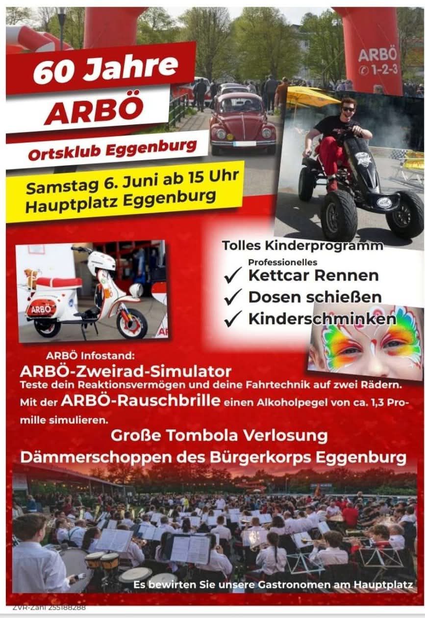 Poster for ARBÖ Ortsklub Eggenburg event, featuring activities like professional go-kart racing and a simulator. Scheduled for Saturday, June 6th at 3 PM at Hauptplatz Eggenburg.
