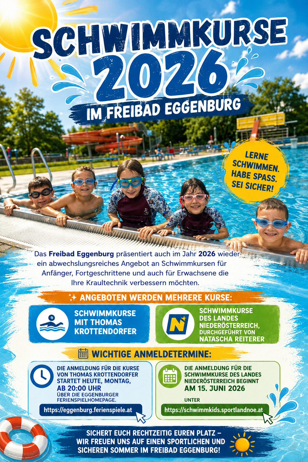 An advertisement for swimming lessons at Freibad Eggenburg in 2026. It features children in goggles by the pool. It offers courses for beginners, advanced, and adults. Important registration dates are provided.