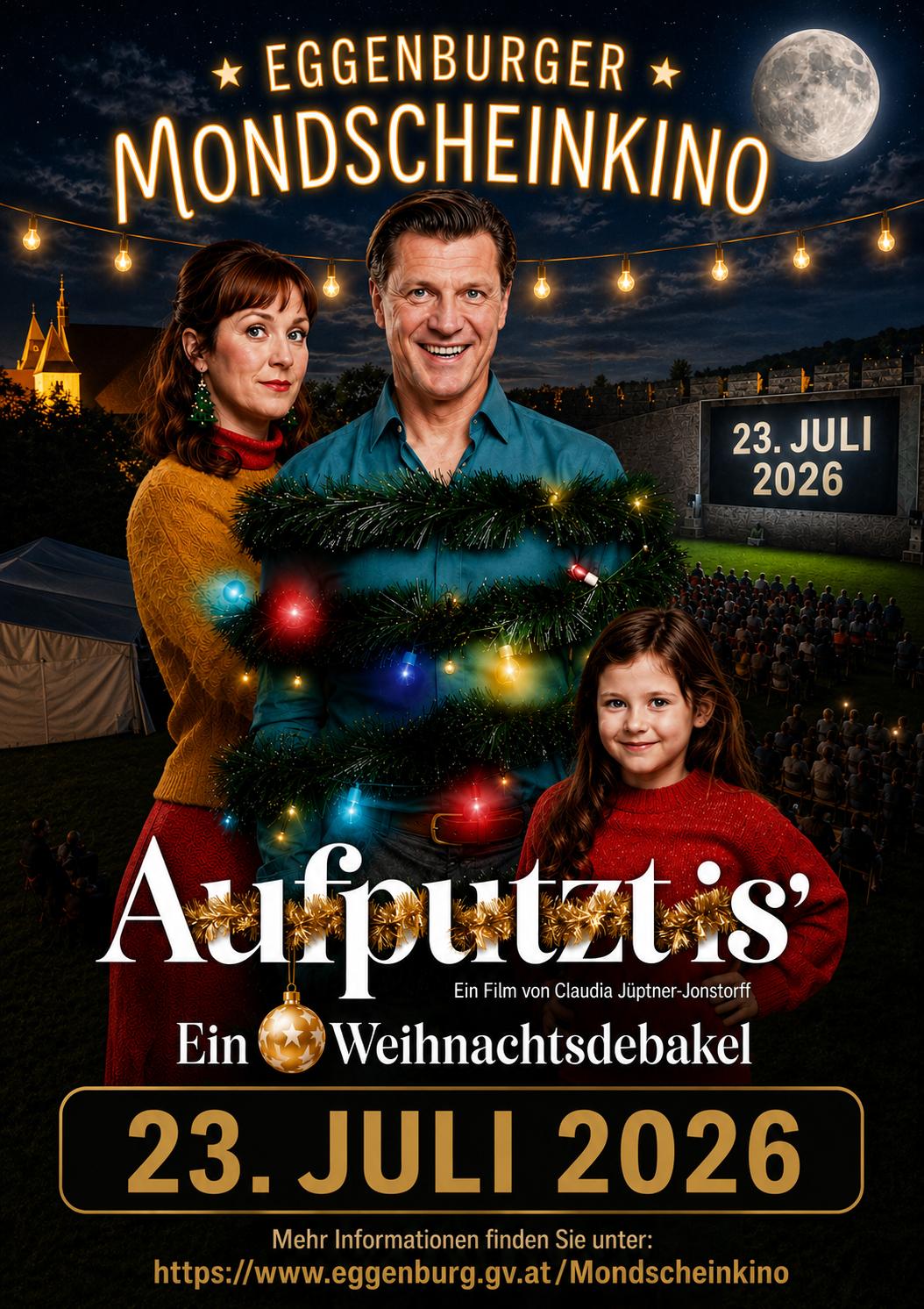 Movie poster for 'Aufputz is'. It features a family with a man, woman, and child holding a lit Christmas wreath. The backdrop includes a castle and a crowd. The release date is July 23, 2026.