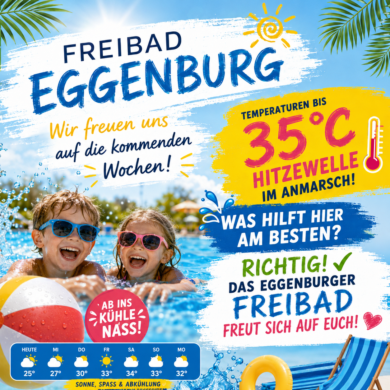Werbung für Freibad Eggenburg mit zwei Kindern im Pool, sonniges Wetter und einer Temperatur von 35 Grad Celsius.
