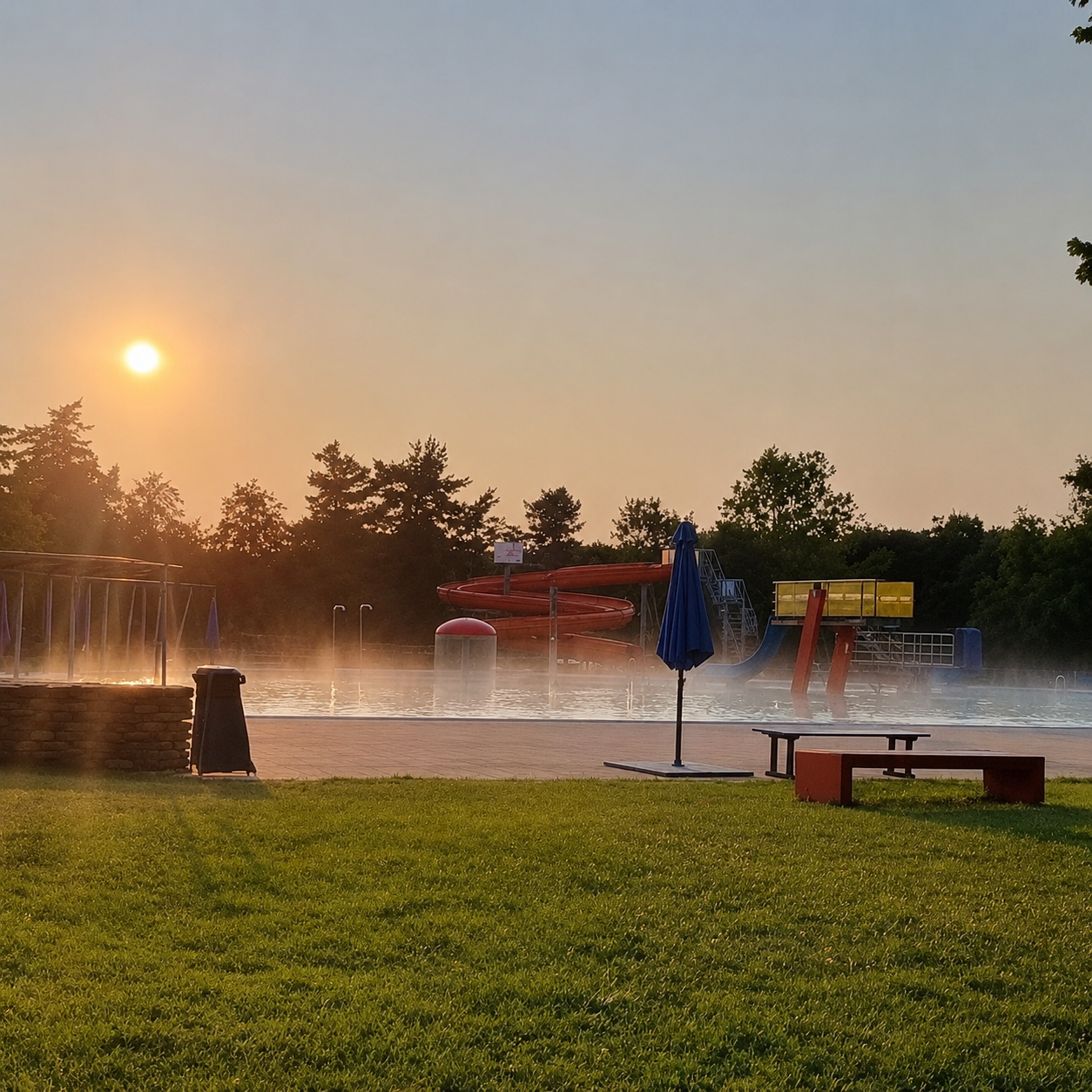 Ein Freibad mit Rutschen und Sonnenschirmen. Die Sonne geht am Horizont unter und taucht die Szene in ein warmes Licht.