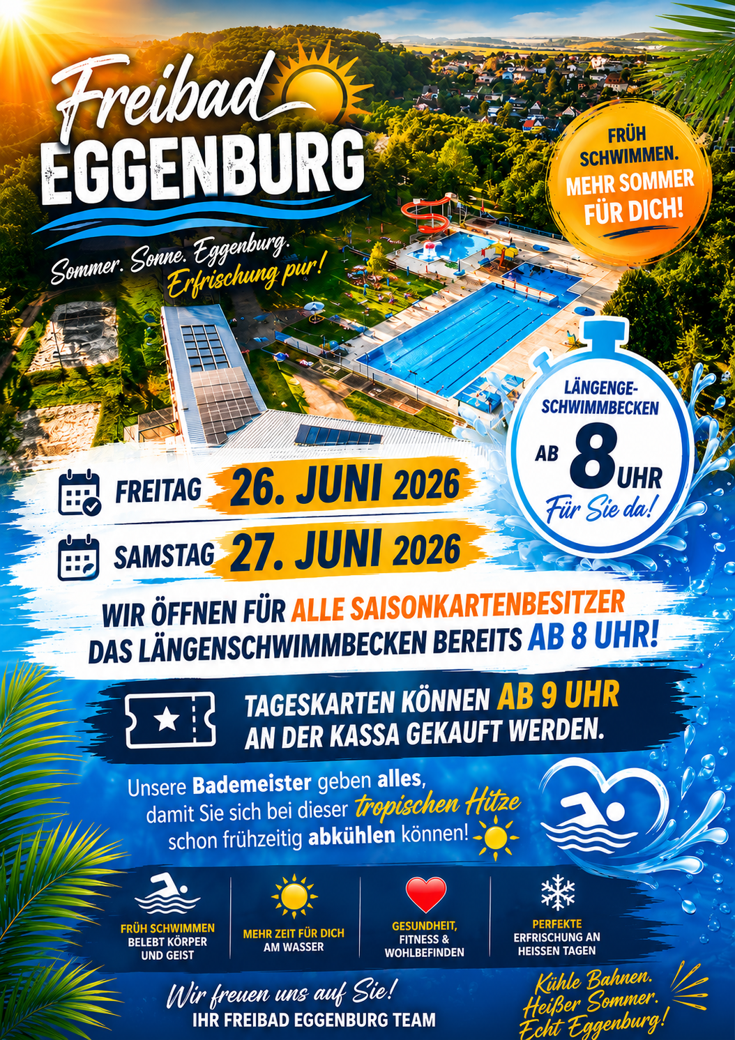 Werbeplakat für eine Schwimmveranstaltung in Eggenburg. Geöffnet für alle Saisonkarteninhaber am 26. und 27. Juni 2026. Beginn um 8 Uhr.