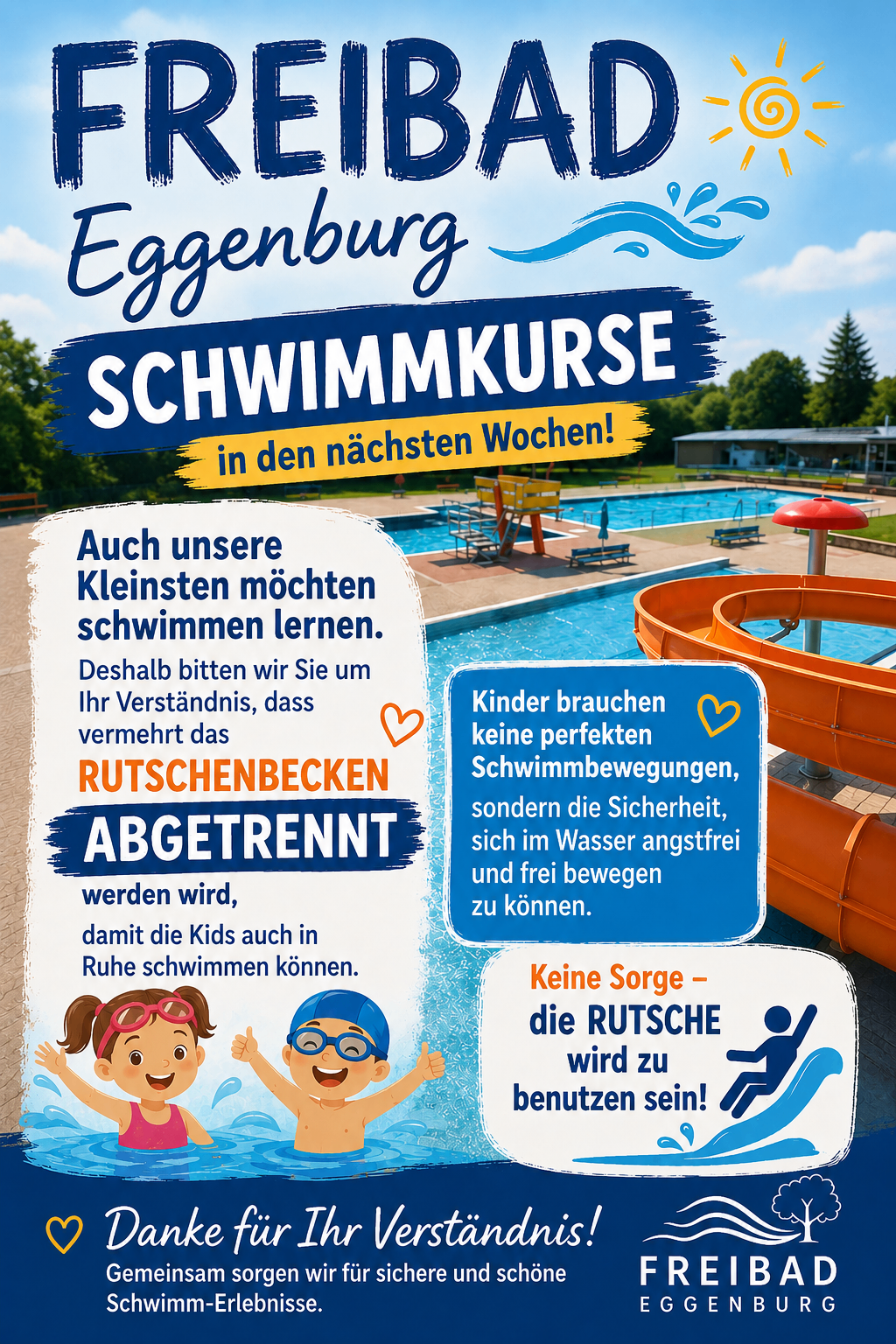 Eine Werbung für Schwimmkurse in Eggenburg. Es zeigt einen Swimmingpool und eine Rutsche. Die Anzeige betont, dass Kinder Sicherheit und Freiheit im Wasser brauchen. Ein Kind ist mit Schwimmbrille abgebildet.
