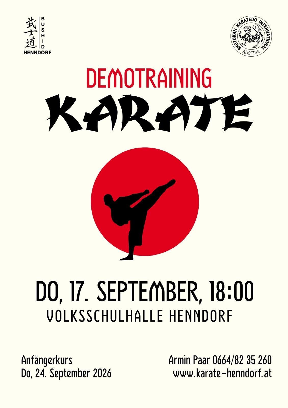 Poster for a karate demonstration training event. The poster features a silhouette of a person in a karate stance within a red circle, with the text 'DEMOTRAINING KARATE' above and the date and location below.